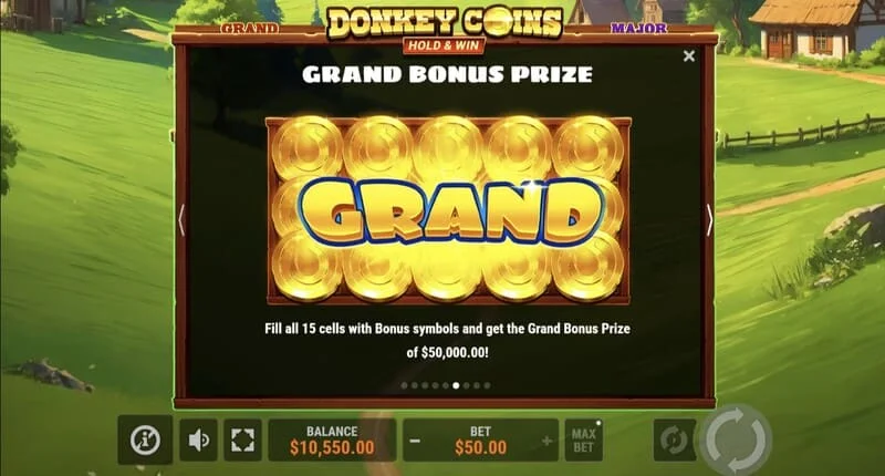 Donkey Coins Hold & Win – ekranas su Mini, Minor, Major, Grand Jackpots