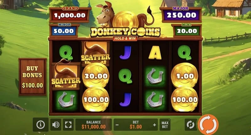 Donkey Coins Hold & Win – pagrindinis ekranas su būgnais